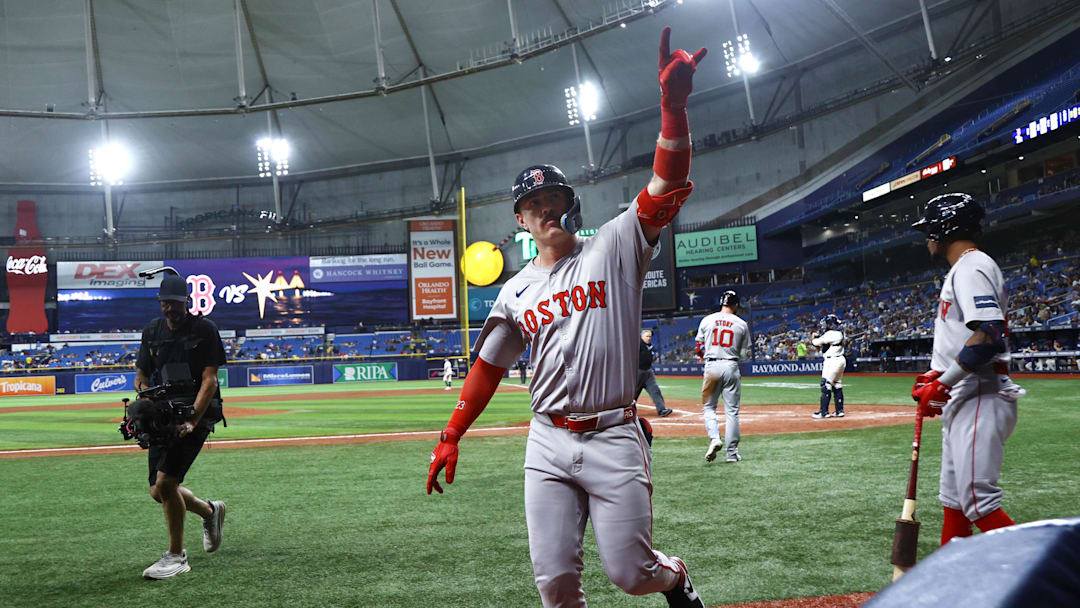 Sep 17, 2024; St. Petersburg, Florida, USA; Boston Red Sox first base Romy Gonzalez (23) celebrates after hitting a home run against the Tampa Bay Rays during the eighth inning at Tropicana Field. Mandatory Credit: Kim Klement Neitzel-Imagn Images