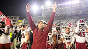 Nov 9, 2024; Nashville, Tennessee, USA;  South Carolina Gamecocks head coach Shane Beamer and his team celebrate the win with their fans against the Vanderbilt Commodores during the second half at FirstBank Stadium. Mandatory Credit: Steve Roberts-Imagn Images