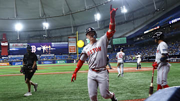 Sep 17, 2024; St. Petersburg, Florida, USA; Boston Red Sox first base Romy Gonzalez (23) celebrates after hitting a home run against the Tampa Bay Rays during the eighth inning at Tropicana Field. Mandatory Credit: Kim Klement Neitzel-Imagn Images