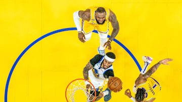 May 10, 2023; San Francisco, California, USA; Golden State Warriors guard Gary Payton II (8) shoots the basketball against Los Angeles Lakers forward LeBron James the 2023 NBA playoffs.