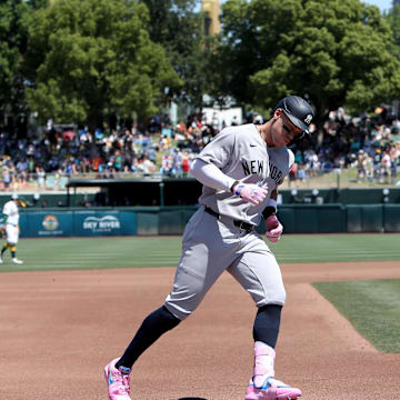 New York Yankees designated hitter Aaron Judge (99) rounds the bases after hitting a solo home run against the Athletics during the fourth inning at Sutter Health Park on May 10.
