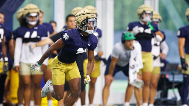 Notre Dame corner back Karson Hobbs participates in a drill during a Notre Dame football practice at Irish Athletic Center on Thursday, Aug. 15, 2024, in South Bend.