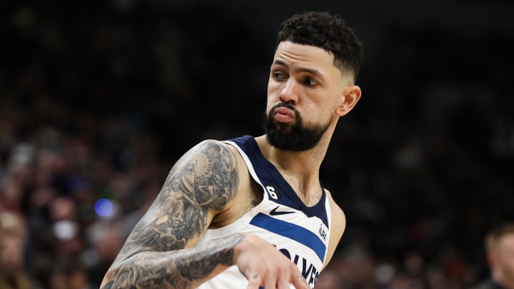 Dec 19, 2022; Minneapolis, Minnesota, USA; Minnesota Timberwolves guard Austin Rivers (25) reacts to his three point shot against the Dallas Mavericks during the fourth quarter at Target Center. Mandatory Credit: Matt Krohn-USA TODAY Sports