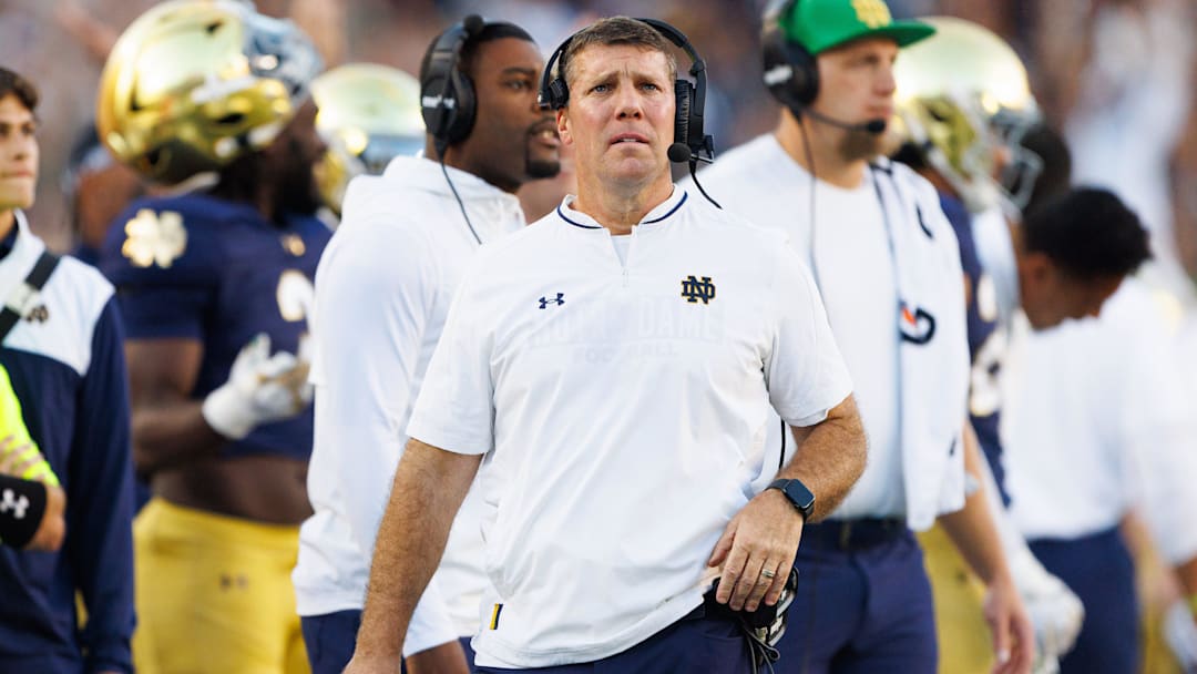 Notre Dame defensive coordinator Chris Ash looks on in the second half of a NCAA football game against NC State at Notre Dame Stadium on Saturday, Oct. 11, 2025, in South Bend.