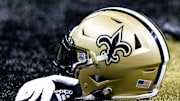Aug 13, 2023; New Orleans, Louisiana, USA;  Detailed view of the New Orleans Saints helmet and glove during pregame against the Kansas City Chiefs at the Caesars Superdome. Mandatory Credit: Stephen Lew-Imagn Images
