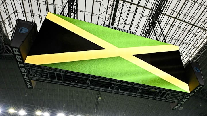Mar 24, 2024; Arlington, Texas, USA; A view of the flag of Jamaica during the playing of their national anthem before the game between Jamaica and Panama at AT&T Stadium. Mandatory Credit: Jerome Miron-Imagn Images
