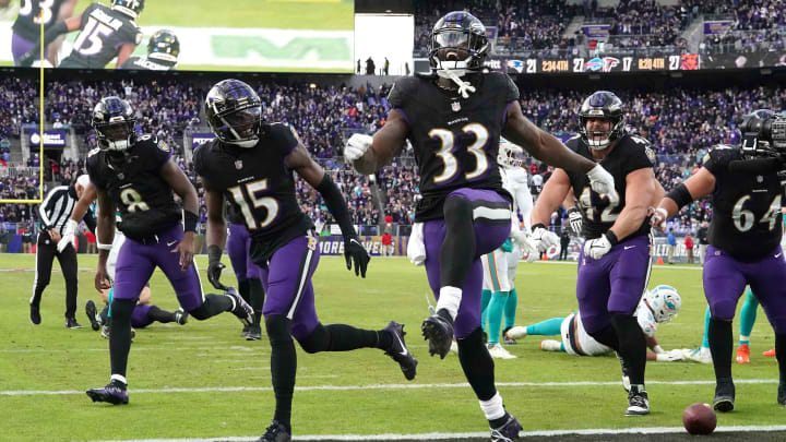 Dec 31, 2023; Baltimore, Maryland, USA; Baltimore Ravens running back Melvin Gordon III (33) reacts