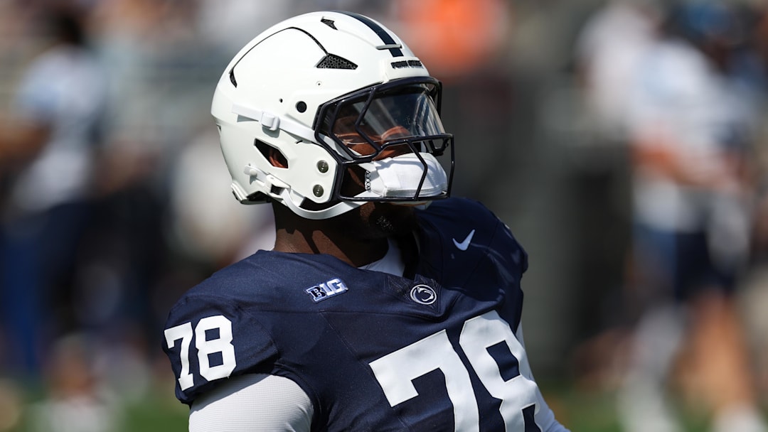Penn State Nittany Lions offensive lineman Malachi Goodman participates in warmups prior to the game against the Villanova Wildcats at Beaver Stadium. 