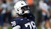 Penn State Nittany Lions offensive lineman Malachi Goodman participates in warmups prior to the game against the Villanova Wildcats at Beaver Stadium. 