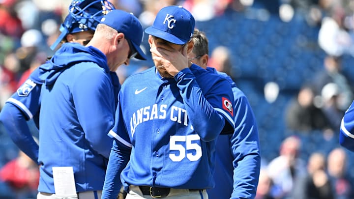 Apr 8, 2026; Cleveland, Ohio, USA; Kansas City Royals starting pitcher Cole Ragans (55) leaves the field after being injured during the first inning against the Cleveland Guardians at Progressive Field. Mandatory Credit: Ken Blaze-Imagn Images