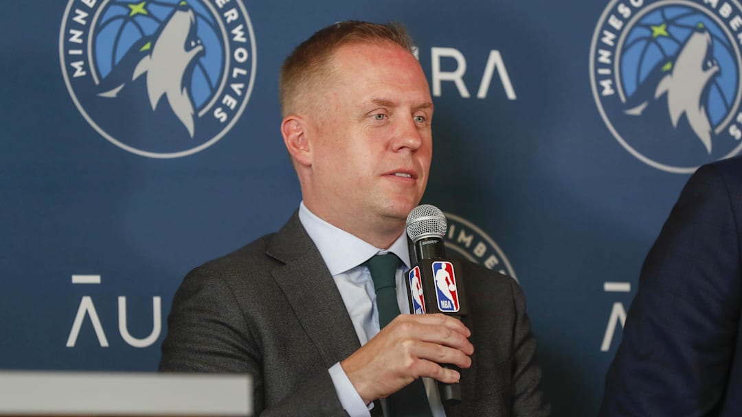 Jun 28, 2022; Minneapolis, MN, USA; Minnesota Timberwolves president of basketball operations Tim Connelly answers questions at a press conference to introduce the 2022 draft picks at Target Center. Mandatory Credit: Bruce Kluckhohn-Imagn Images