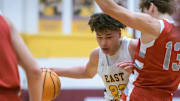 East Peoria’s Quinton Kitt (23) moves the ball against Morton in the second half of their Mid-Illini high school basketball game Saturday, Feb. 8, 2025 at East Peoria High School. The Raiders upset state-ranked Morton 72-69 in overtime.