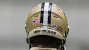  Detailed view of the New Orleans Saints helmet during rookie minicamp at Ochsner Sports Performance Center. 