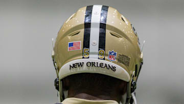 May 10, 2025; New Orleans, LA, USA;  Detailed view of the New Orleans Saints helmet during rookie minicamp at Ochsner Sports Performance Center. Mandatory Credit: Stephen Lew-Imagn Images
