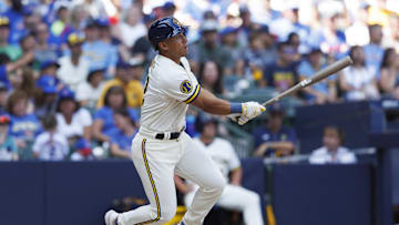 Jul 3, 2023; Milwaukee, Wisconsin, USA;  Milwaukee Brewers pinch hitter Jahmai Jones (12) hits a