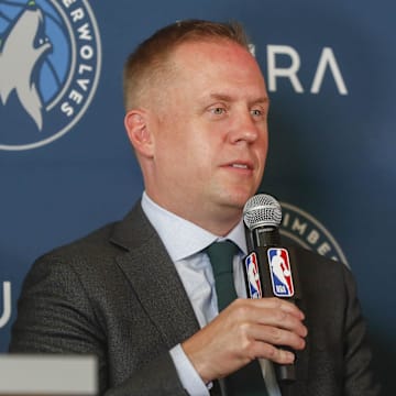 Jun 28, 2022; Minneapolis, MN, USA; Minnesota Timberwolves president of basketball operations Tim Connelly answers questions at a press conference to introduce the 2022 draft picks at Target Center. Mandatory Credit: Bruce Kluckhohn-Imagn Images