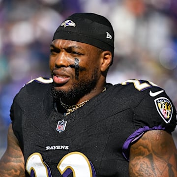 Oct 26, 2025; Baltimore, Maryland, USA; Baltimore Ravens running back Derrick Henry (22) looks on at halftime against the Chicago Bears at M&T Bank Stadium. Mandatory Credit: Tommy Gilligan-Imagn Images