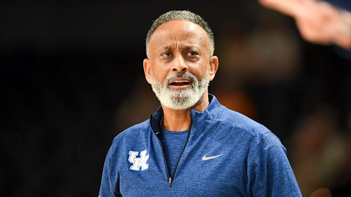 Kentucky Wildcats head coach Kenny Brooks looks down court Thursday, March 5, 2026, during the SEC Women's Basketball Tournament second round game against the Georgia Bulldogs at Bon Secours Wellness Arena in Greenville, South Carolina.