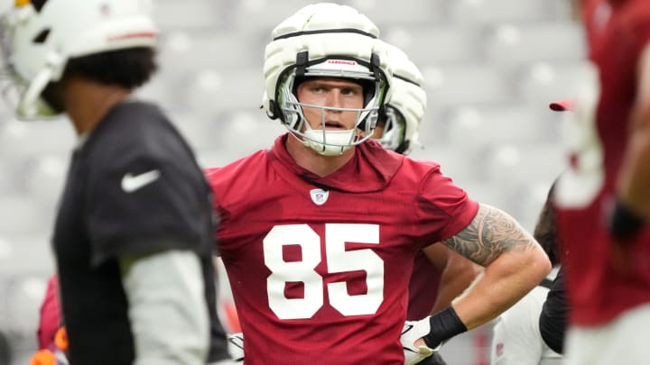 Arizona Cardinals tight end Trey McBride (85) practices during the team's training camp session at State Farm Stadium in Glendale on July 24, 2024.