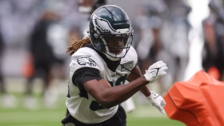 May 28, 2025; Philadelphia, PA, USA; Philadelphia Eagles safety Lewis Cine (38) practices during OTAs at NovaCare Complex. Mandatory Credit: Bill Streicher-Imagn Images