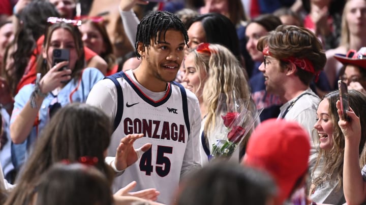 Mar 1, 2023; Spokane, Washington, USA; Gonzaga Bulldogs guard Rasir Bolton (45) is introduced before a game against the Chicago State Cougars at McCarthey Athletic Center. Mandatory Credit: James Snook-USA TODAY Sports