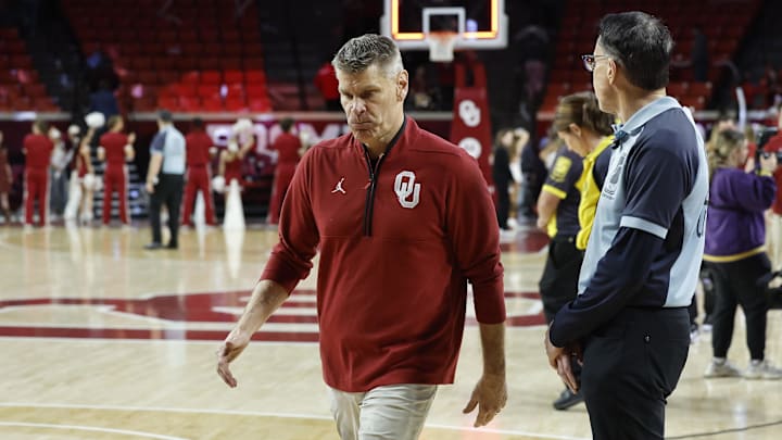 Feb 15, 2025; Norman, Oklahoma, USA; Oklahoma Sooners head coach Porter Moser walks off the court after a loss to the LSU Tigers at Lloyd Noble Center. Mandatory Credit: Alonzo Adams-Imagn Images