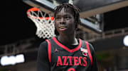 Dec 21, 2024; San Jose, California, USA; San Diego State Aztecs forward Magoon Gwath (0) during the second half against the California Golden Bears at SAP Center.