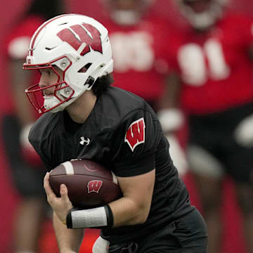 Wisconsin quarterback Danny O’Neill (18) is shown during spring football practice Wednesday, April 23, 2025 in Madison, Wisconsin.

Mark Hoffman/Milwaukee Journal Sentinel