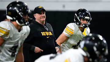 Iowa defensive coordinator Phil Parker is pictured at practice Thursday, April 3, 2025 in Iowa City, Iowa.