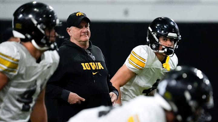 Iowa defensive coordinator Phil Parker is pictured at practice Thursday, April 3, 2025 in Iowa City, Iowa.