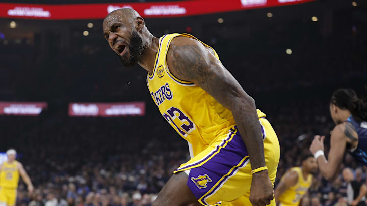 May 7, 2026; Oklahoma City, Oklahoma, USA; Los Angeles Lakers forward LeBron James (23) reacts after a play against the Oklahoma City Thunder in the first half during game two of the second round of the 2026 NBA Playoffs at Paycom Center. Mandatory Credit: Alonzo Adams-Imagn Images