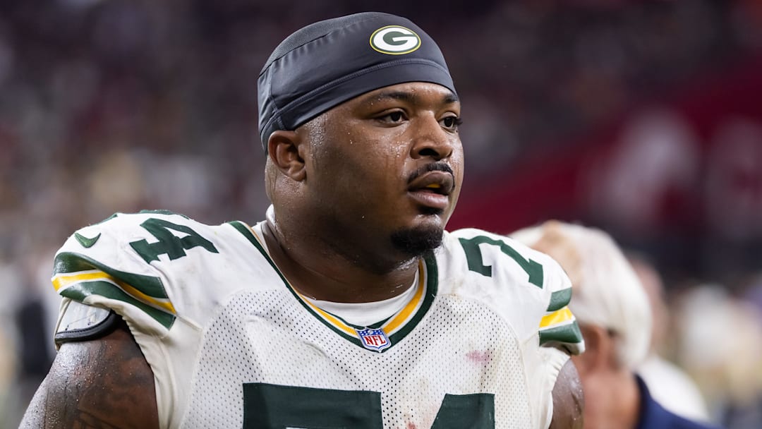 Oct 19, 2025; Glendale, Arizona, USA; Green Bay Packers center Elgton Jenkins (74) against the Arizona Cardinals at State Farm Stadium. Mandatory Credit: Mark J. Rebilas-Imagn Images