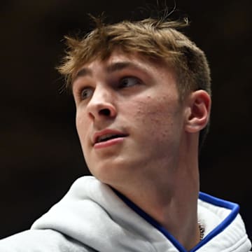 Oct 20, 2023; Durham, NC, USA; Duke Blue Devils recruit Cooper Flagg during Countdown to Craziness at Cameron Indoor Stadium. Mandatory Credit: Rob Kinnan-Imagn Images