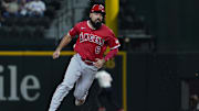 Sep 6, 2024; Arlington, Texas, USA;  Los Angeles Angels third baseman Anthony Rendon (6) runs to third base during the sixth inning against the Texas Rangers at Globe Life Field. Mandatory Credit: Raymond Carlin III-Imagn Images