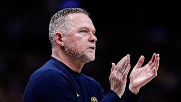 Mar 14, 2025; Denver, Colorado, USA; Denver Nuggets head coach Michael Malone in the second quarter against the Los Angeles Lakers at Ball Arena. Mandatory Credit: Isaiah J. Downing-Imagn Images