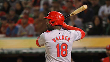 Apr 16, 2024; Oakland, California, USA; St. Louis Cardinals right fielder Jordan Walker (18) at bat against the Oakland Athletics during the sixth inning at Oakland-Alameda County Coliseum. Mandatory Credit: Kelley L Cox-USA TODAY Sports