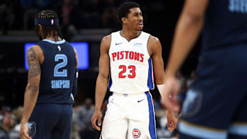 Apr 5, 2024; Memphis, Tennessee, USA; Detroit Pistons guard Jaden Ivey (23) : Petre Thomas-Imagn Images