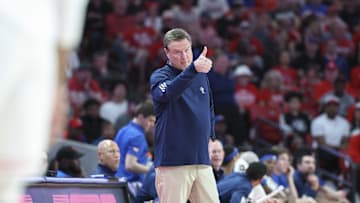 Mar 3, 2025; Houston, Texas, USA; Kansas Jayhawks head coach Bill Self gives a thumbs up during the first half against the Houston Cougars at Fertitta Center. Mandatory Credit: Troy Taormina-Imagn Images