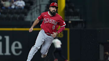Sep 6, 2024; Arlington, Texas, USA;  Los Angeles Angels third baseman Anthony Rendon (6) runs to third base during the sixth inning against the Texas Rangers at Globe Life Field. Mandatory Credit: Raymond Carlin III-Imagn Images