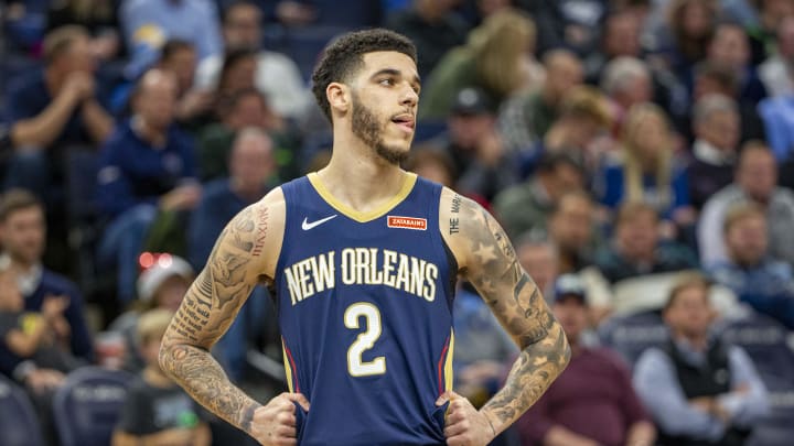 Dec 18, 2019; Minneapolis, MN, USA; New Orleans Pelicans guard Lonzo Ball (2) looks on during the second half against the Minnesota Timberwolves at Target Center. Mandatory Credit: Jesse Johnson-USA TODAY Sports