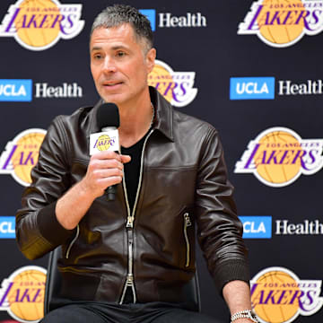 Feb 4, 2025; El Segundo, CA, USA; Los Angeles Lakers vice president of basketball operations and general manager Rob Pelinka speaks before introducing Luka Doncic at UCLA Health Training Center. Mandatory Credit: Gary A. Vasquez-Imagn Images