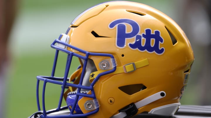 Sep 25, 2021; Pittsburgh, Pennsylvania, USA;  A Pittsburgh Panthers helmet on the sidelines against the New Hampshire Wildcats during the first quarter at Heinz Field. Mandatory Credit: Charles LeClaire-USA TODAY Sports