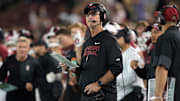 Sep 13, 2025; Stanford, California, USA; Stanford Cardinal head coach Frank Reich stands on the sideline during the fourth quarter against the Boston College Eagles at Stanford Stadium. Mandatory Credit: Darren Yamashita-Imagn Images