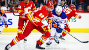 Nov 3, 2024; Calgary, Alberta, CAN; Calgary Flames defenseman Daniil Miromanov (62) skates with the puck against the Edmonton Oilers during the third period at Scotiabank Saddledome. Mandatory Credit: Sergei Belski-Imagn Images