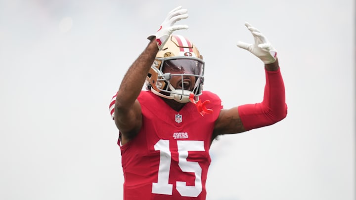 Dec 14, 2025; Santa Clara, California, USA;  San Francisco 49ers wide receiver Jauan Jennings (15) enters the field prior to the first half against the Tennessee Titans at Levi's Stadium. Mandatory Credit: Cary Edmondson-Imagn Images