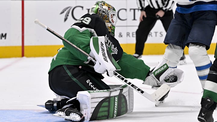 Feb 2, 2026; Dallas, Texas, USA; Dallas Stars goaltender Jake Oettinger (29) makes a glove save against the Dallas Stars during the third period at the American Airlines Center. Mandatory Credit: Jerome Miron-Imagn Images