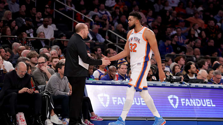 Jan 10, 2025; New York, New York, USA; New York Knicks center Karl-Anthony Towns (32) shakes hands with New York Knicks head coach Tom Thibodeau as he exits the game during the third quarter against the Oklahoma City Thunder at Madison Square Garden. Mandatory Credit: Brad Penner-Imagn Images Jan 10, 2025; New York, New York, USA; New York Knicks center Karl-Anthony Towns (32) shakes hands with New York Knicks head coach Tom Thibodeau as he exits the game during the third quarter against the Oklahoma City Thunder at Madison Square Garden. Mandatory Credit: Brad Penner-Imagn Images