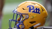 Sep 25, 2021; Pittsburgh, Pennsylvania, USA;  A Pittsburgh Panthers helmet on the sidelines against the New Hampshire Wildcats during the first quarter at Heinz Field. Mandatory Credit: Charles LeClaire-Imagn Images