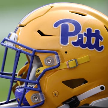 Sep 25, 2021; Pittsburgh, Pennsylvania, USA;  A Pittsburgh Panthers helmet on the sidelines against the New Hampshire Wildcats during the first quarter at Heinz Field. Mandatory Credit: Charles LeClaire-Imagn Images