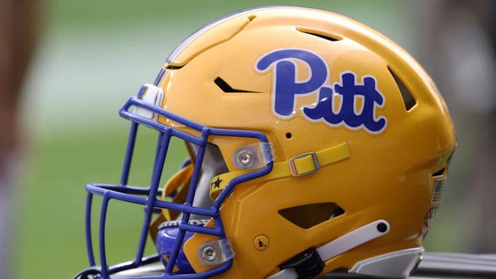 Sep 25, 2021; Pittsburgh, Pennsylvania, USA;  A Pittsburgh Panthers helmet on the sidelines against the New Hampshire Wildcats during the first quarter at Heinz Field. Mandatory Credit: Charles LeClaire-Imagn Images